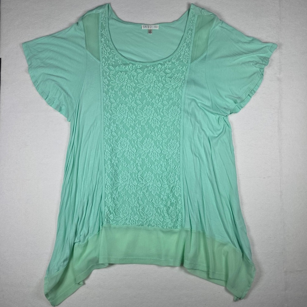 Spense Woman Lace Front Tunic Blouse 2X Mint Green Handkerchief Hem
